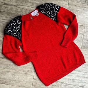 Vintage Nannell 80’s Sweater Red/Black Color Silver Sequins Shoulders Knit SZ S